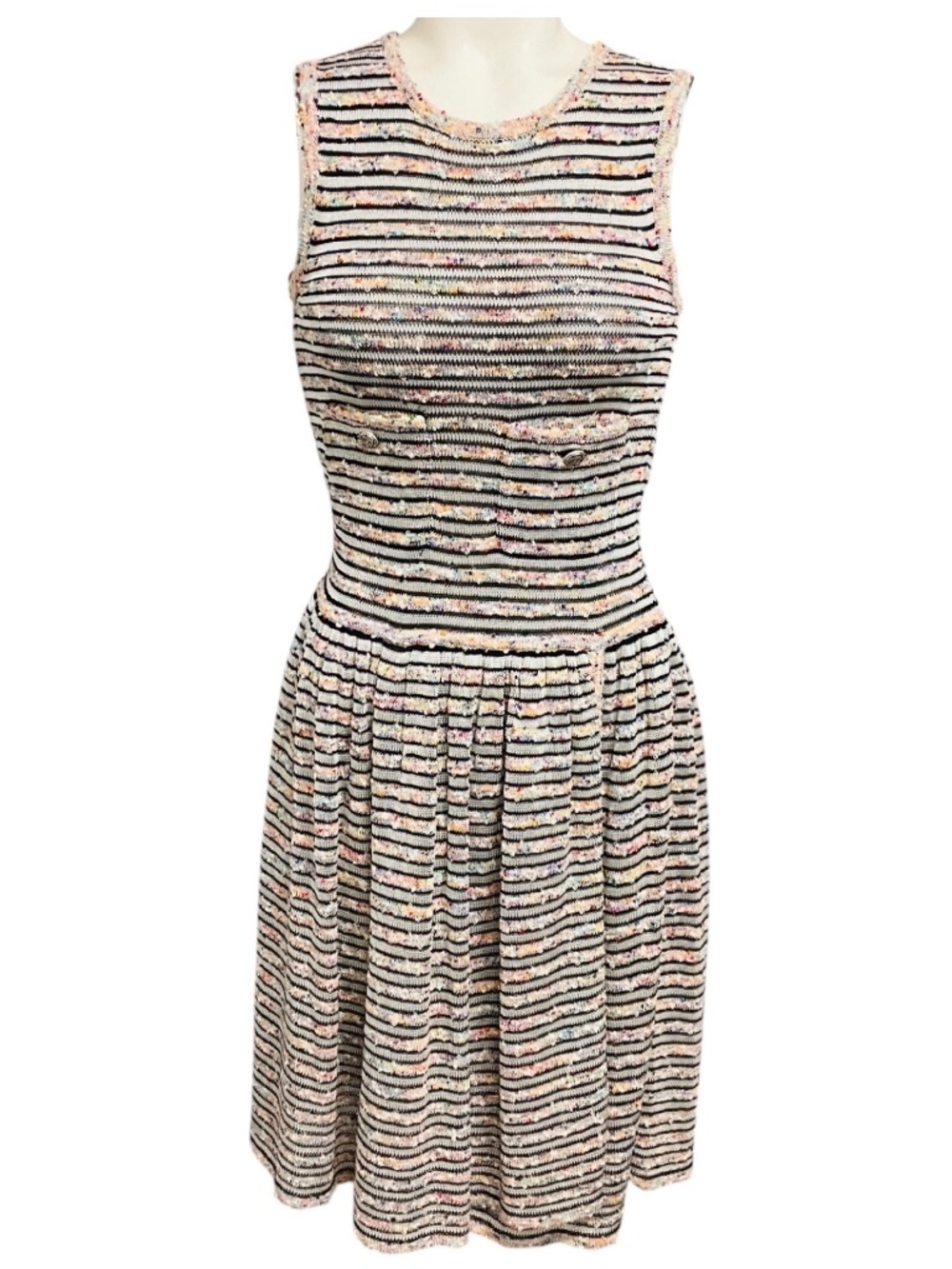 CHANEL MULTICOLOR STRIPED KNIT SLEEVELESS FLARED DRESS WITH CC LOGO BUTTONS